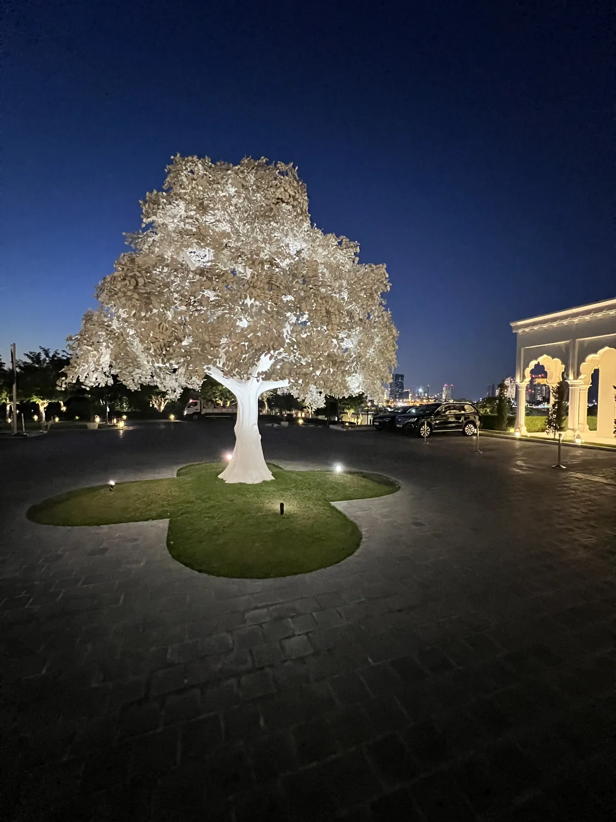 Illuminated white tree sculpture on a courtyard lawn at Katara Cultural Village at night