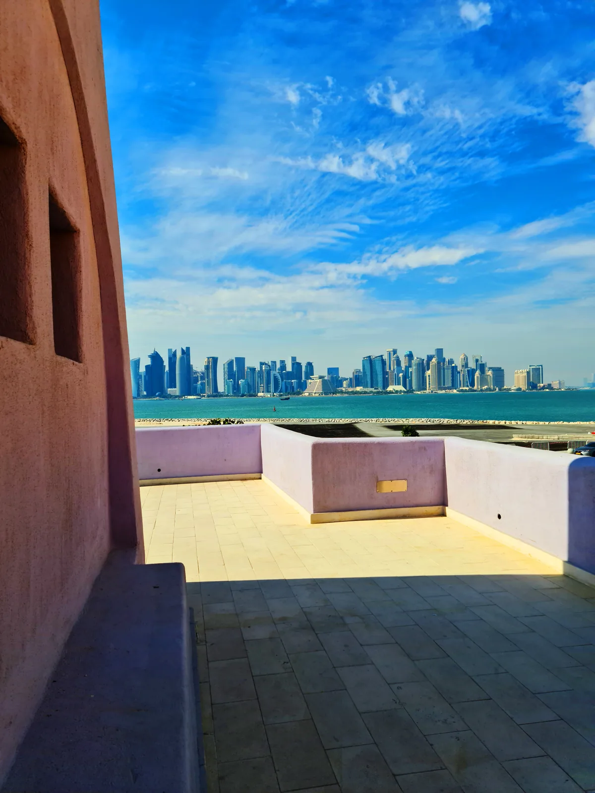 Rooftop terrace edge with the West Bay skyline visible in the distance, Mina District, Doha