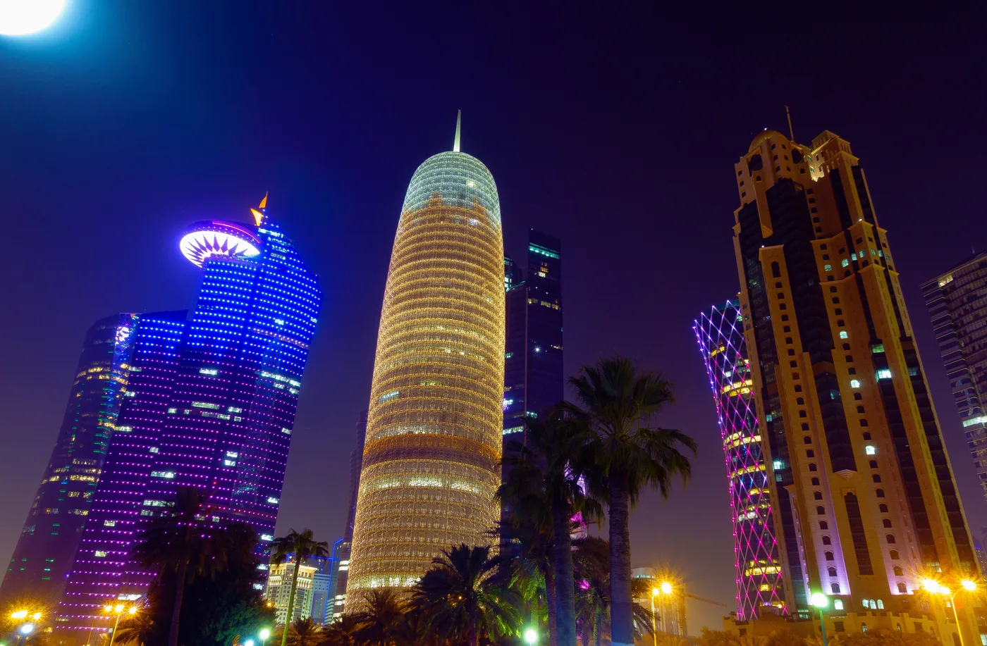 West Bay Doha's high-rise hotel and office towers lit up at night